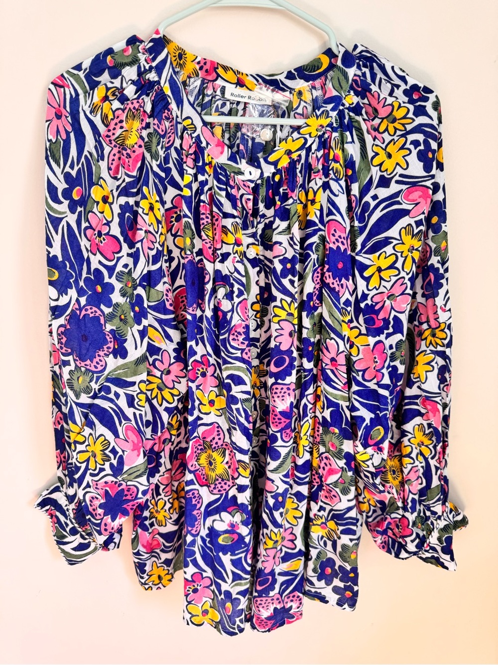 Roller Rabbit Blue Multi Floral Peasant Top